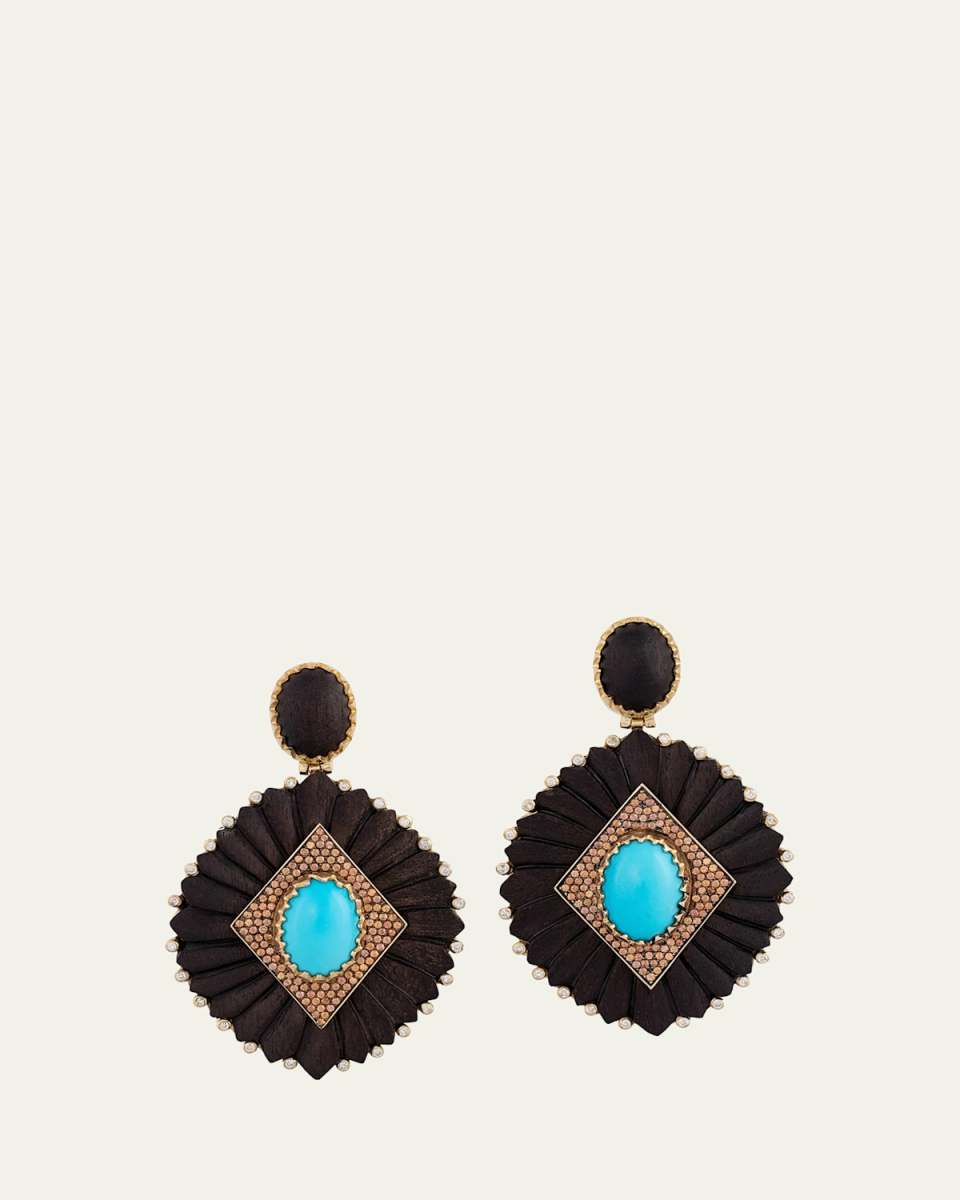 18K Yellow Gold Brauna Wood Earrings with Turquoise, Orange Sapphire and Diamonds